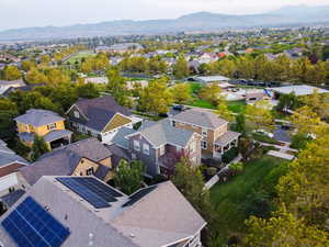 Aerial perspective of suburban area featuring mountains