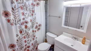 Bathroom featuring vanity and a shower with shower curtain