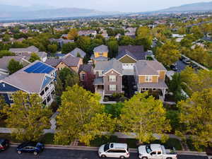 Aerial perspective of suburban area with mountains