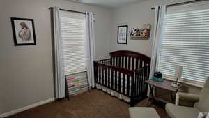 Bedroom featuring dark carpet, a nursery area, and multiple windows