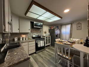 Kitchen with stainless steel appliances, white cabinets, dark wood-style flooring, backsplash, and recessed lighting