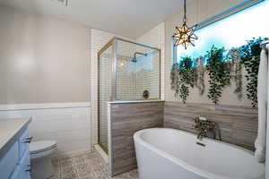 Bathroom with vanity, a freestanding tub, a shower stall, a wainscoted wall, and light tile patterned floors