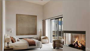 Bedroom with access to exterior, a glass covered fireplace, and a high ceiling