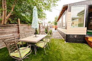 Fenced backyard with a patio area