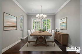Dining room featuring ornamental molding, dark wood-style flooring, a chandelier, and recessed lighting
