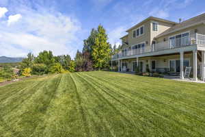 Lush back yard on 1/2 acre estate featuring back decking