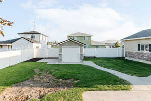Fenced backyard with an outdoor structure