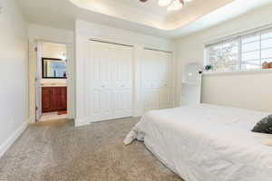 Bedroom featuring two closets, light carpet, a raised ceiling, crown molding, and connected bathroom