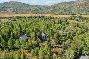 View from above of property with mountains and a heavily wooded area