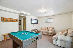 Rec room featuring carpet and billiards table
