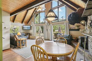 Dining area featuring a wooden ceiling with exposed beams, high vaulted ceiling, a wood stove, wood finished floors, and ceiling fan