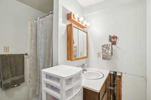 Bathroom with vanity and a shower with shower curtain