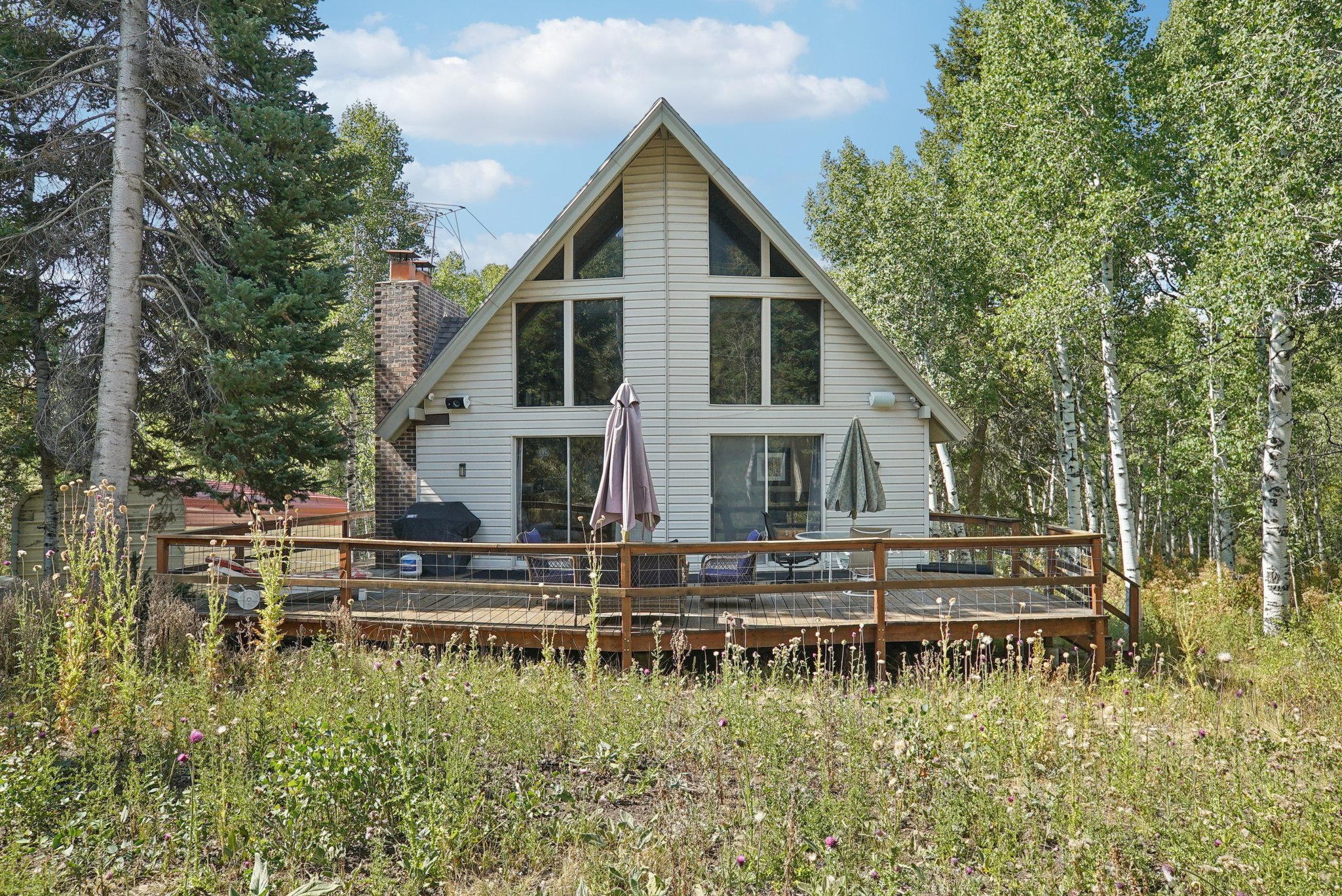 Rear view of property with a deck and a chimney