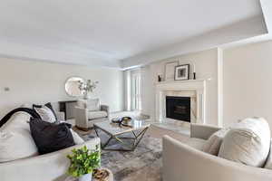 Living area with carpet floors, a premium fireplace, a tray ceiling, and ornamental molding