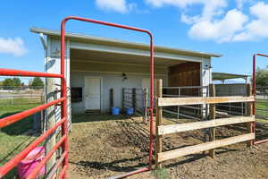 View of outdoor barn and two stalls