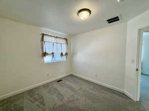 Carpeted empty room featuring a textured ceiling and baseboards