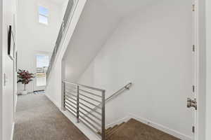 Staircase featuring plenty of natural light, carpet flooring, and a high ceiling