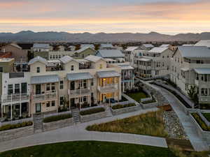 Aerial perspective of suburban area featuring mountains