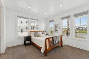 Bedroom with carpet flooring and recessed lighting