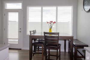 Dining area with healthy amount of natural light and dark wood-style flooring