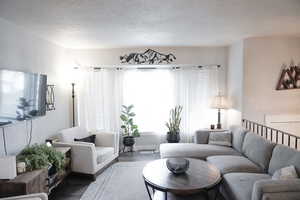 Living area featuring a textured ceiling and wood finished floors