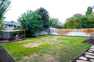 Fenced backyard with an outdoor fire pit