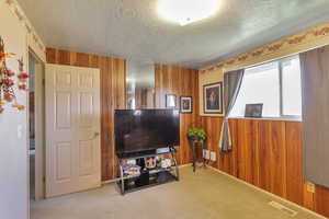 Living room featuring wooden walls, carpet, and a textured ceiling