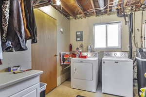 Laundry area with washer and dryer and electric panel