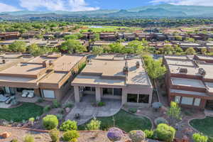 Aerial view of residential area with mountains
