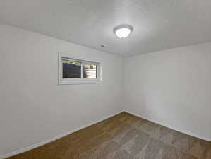 Carpeted spare room with baseboards and a textured ceiling