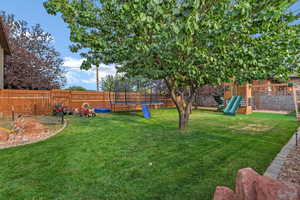 Fenced backyard with a playground and a trampoline