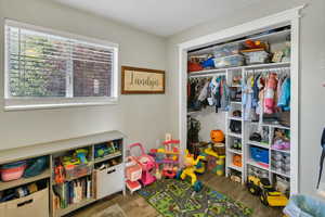 Rec room with dark wood-style floors