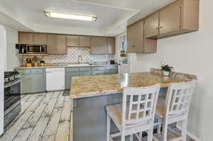 Kitchen featuring a raised ceiling, backsplash, a kitchen bar, and appliances with stainless steel finishes