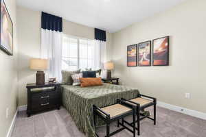 Bedroom featuring light colored carpet and baseboards