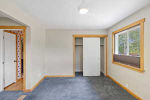 Unfurnished bedroom with carpet floors and a closet