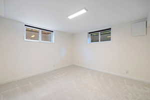 Basement with light carpet and baseboards