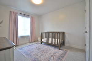 Bedroom featuring a crib and carpet floors