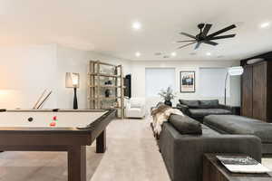 Playroom with light carpet, billiards table, recessed lighting, and a ceiling fan
