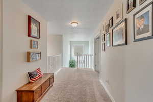 Hallway featuring carpet flooring and a textured ceiling