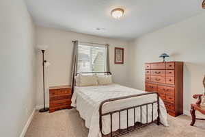 Bedroom with light colored carpet