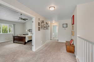 Corridor with light carpet and baseboards