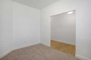 Unfurnished room with light wood finished floors and light carpet
