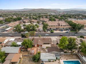 Aerial perspective of suburban area with mountains