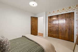 Bedroom featuring carpet flooring and a closet