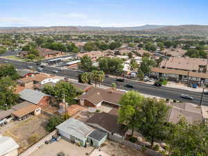 Aerial perspective of suburban area with mountains
