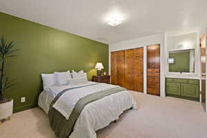 Bedroom with carpet flooring, a closet, and ensuite bathroom