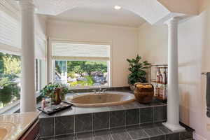 Full bath featuring a bath, ornamental molding, vanity, and ornate columns