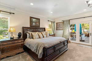 Bedroom featuring carpet, access to outside, crown molding, and recessed lighting