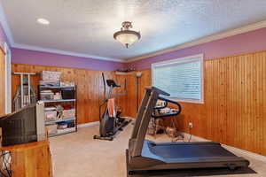 Bedroom with wood walls, crown molding, a textured ceiling, and carpet