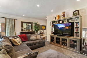 Carpeted living area with recessed lighting, ornamental molding, and a textured ceiling